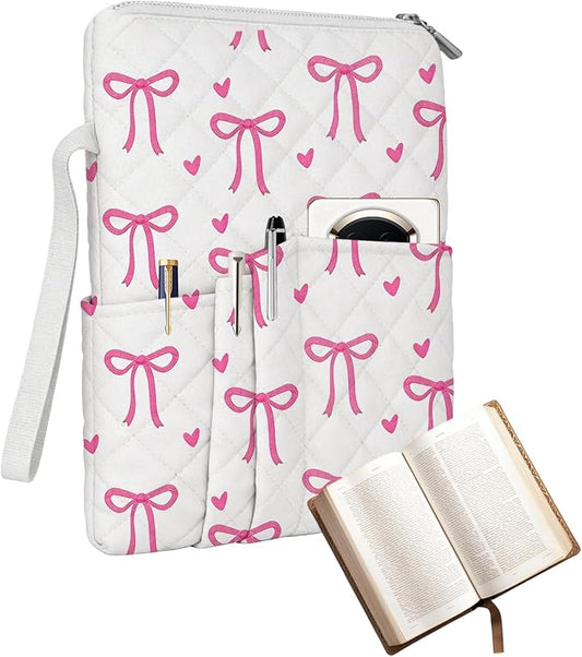 Pink Bow Bible Covers for Women with Zipper and Handle, Quilted Bible Case Floral Book Sleeve with 4 Pockets, Washable Bible Bag, Bible Accessories Gift for Women Girls 10x8 Inch