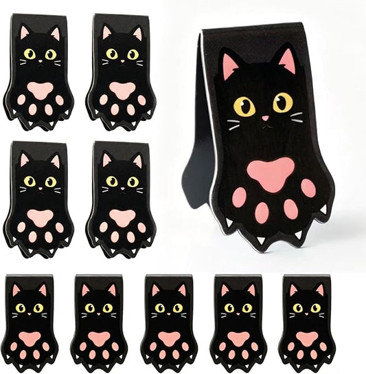 10PCS Kawaii Cat Paw Magnetic Bookmarks with, Adorable Cat Face Page Holders, Funny Reading Accessories for Teachers Book Lovers Office Gifts，Unique Gifts for Women(Black C)