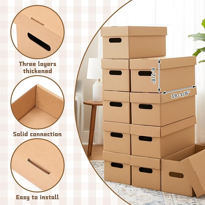Marspark 10 Set 7" Vinyl Record Storage Box Corrugated Paper Lp with Removable Lid and Handle for Organize Vinyl Album, Each Holds up to 200 Records or Lp 18-1/8" x 8" x 8-7/8"
