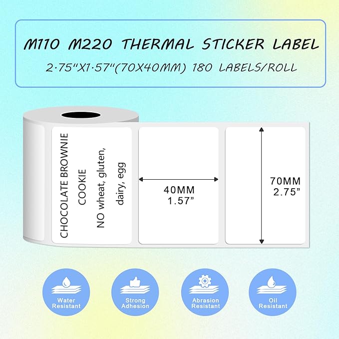 Thermal Labels Compatible with NIIMBOT B3S/K3 Label Printer,Compatible with Phomemo M220/M200/M221 Label Printer, 2.75"x1.57"(70x40mm), 180 Labels/Roll, Black on White