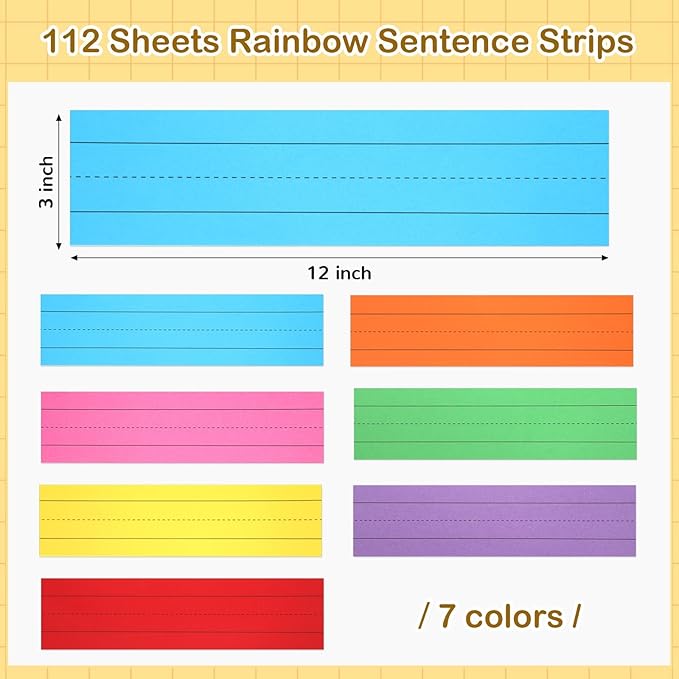112 Sheets Rainbow Sentence Strips, 92LB/250gsm Cardstock Ruled Colored Sentence Learning Strips for Teachers, Classrooms, School Offices Supplies (7 Assorted Colors, 12” x 3”)