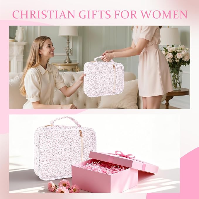 Bible Cover Case for Women Large Quilted Bible Carrying Bag with Handles Bible Study Supplies & Accessories Christian Gifts for Women(Mini Pink Flower, M)