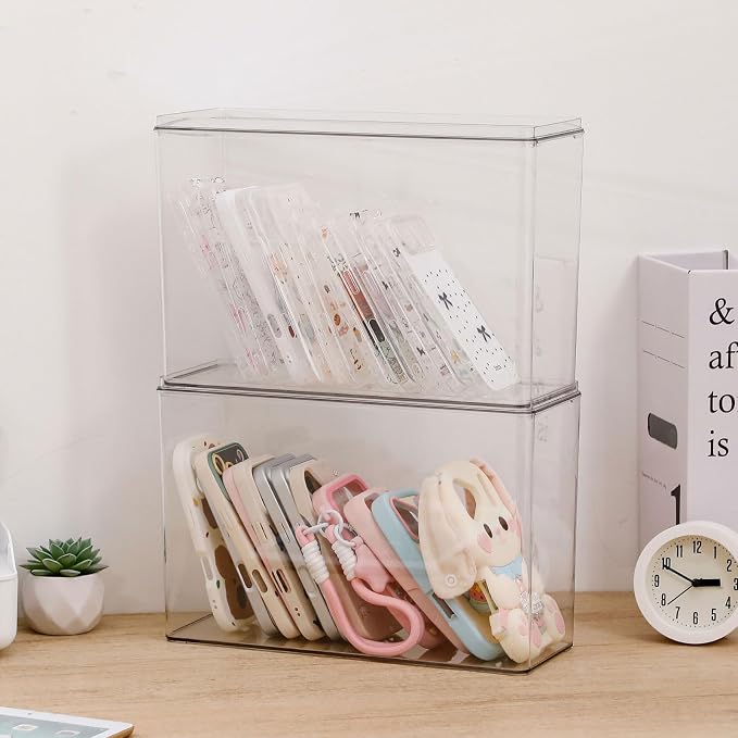 FABROK Large Cell Phone Case Organizer, Clear Storage Bin with Lid for Phone Basic Cases and Electronics Accessories, Plastic Basket Container for Home Office Desk, Kitchen Cabinet and Pantry