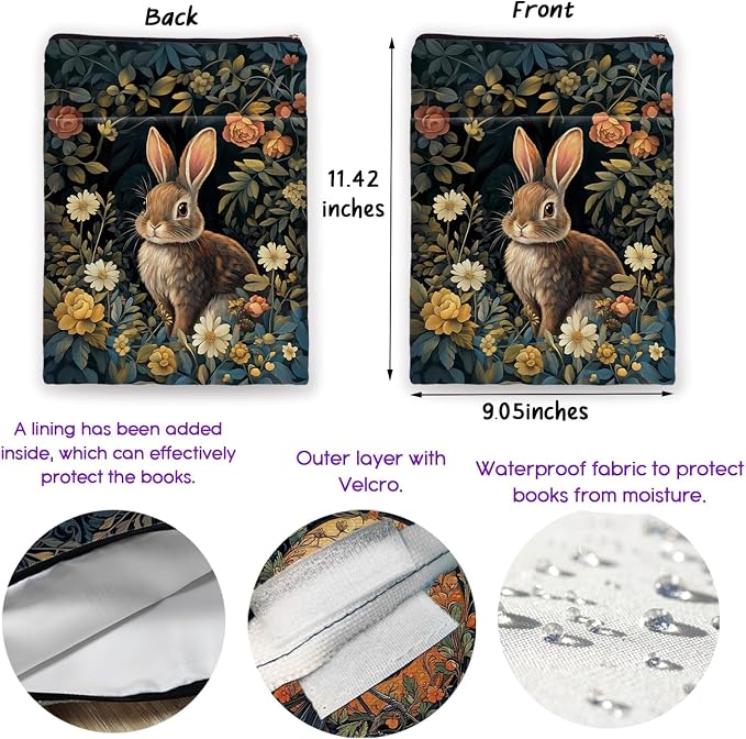 Vintage Flower Rabbit William Morris Book Sleeve for Book Lovers, Bookish Book Protector with Zipper, Washable Fabric Book Cover for Paperbacks & Hardcovers,11.4 x 9.1Inches (Black-Rabbit, Medium)