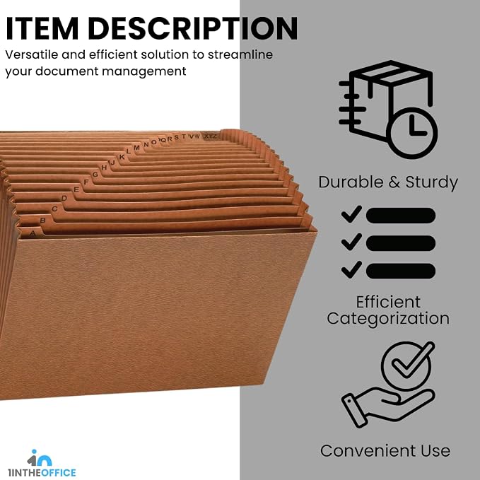 1InTheOffice Accordion File Organizer, Expandable File Folder Organizer, 21 Pockets, A-Z, Elastic Cord, 1/21-Cut Tabs, Letter Size, Red Rope