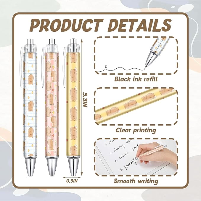 6PCS Capibara Pattern Pens Set, Capibara Reusable Writing Pens, Cute Accessories Items Stationary, Perfect for School, Office Supplies, Party gifts, Theme Notebooks, Sticky Notes, Desk Accessories