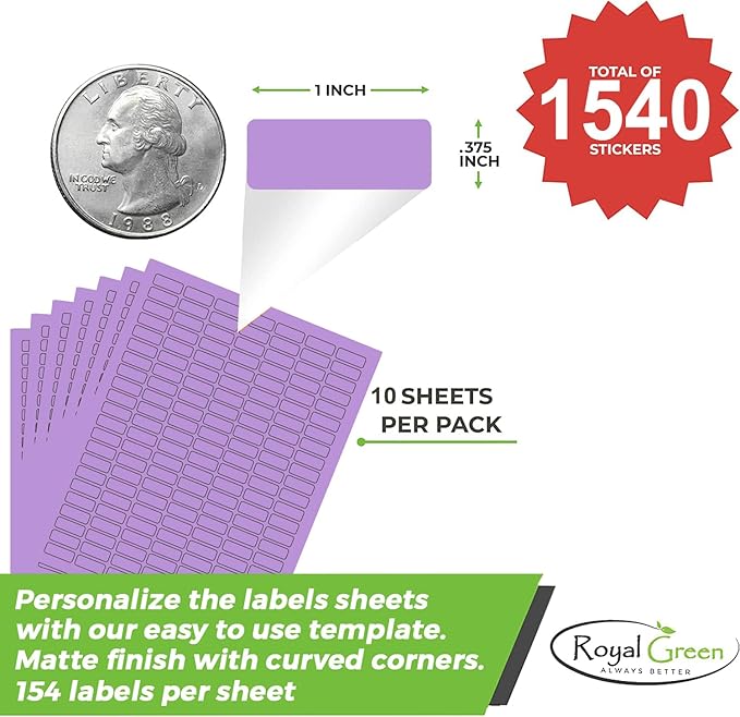 Purple Sticker Label Sheets Bulk Printable Paper Labels 1 inch x 0.375 inch - 1540 Pack, 10 Sticker Sheets for Laser/Inkjet Printers with Template Included by Royal Green