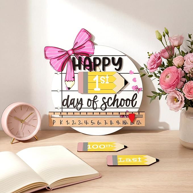 Kosiz First and Last Day of School Sign with Back to School Pink Bow Board Gifts Coquette Wooden First Day Sign Reusable Dry Erase 8''