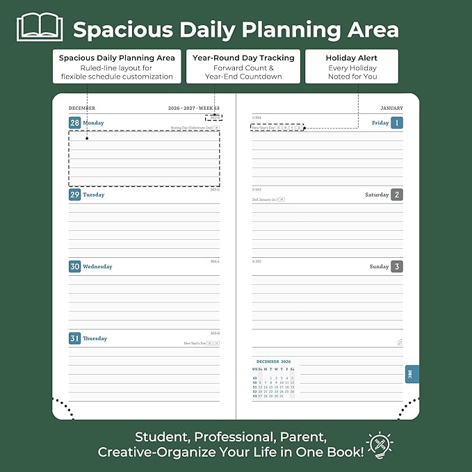 Weekly Monthly 2026-2027 Planner (July 26-Dec 27),6.5"x3.75",18 Months Agenda Plan with Month Tabs & Pocket,Expenses/Note Pages, Academic Calendar with Vegan Leather Cover,Green