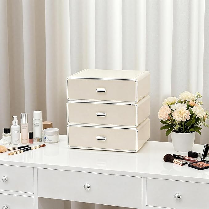 Clear Drawer Organizer Stackable Drawer Storage Makeup Organizer for Store Cosmetics and Skincares, Suitable for Vanity, Bathroom Home Organization-White