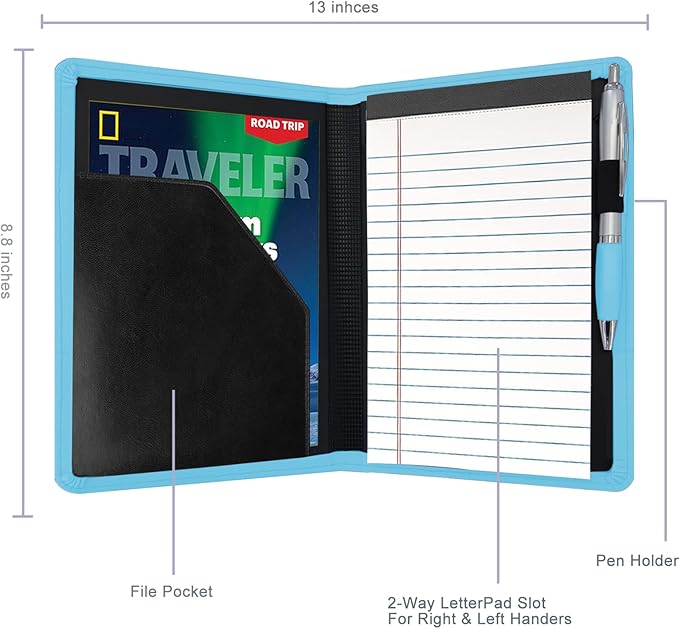Classic Padfolio/Junior Portfolio Folder Case, Business A5 Binder Organizer Notepad for Men Women, 5 x 8 Writing Pad Included, Light Blue