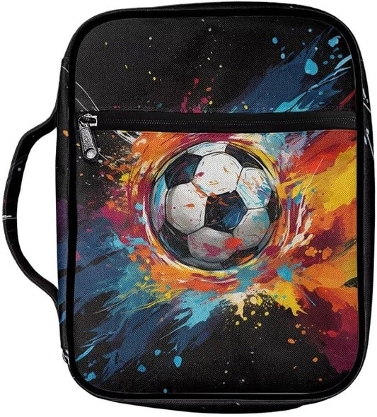 Coldinair Color Splatter Soccer Bible Cover for Kids Boy Bible Case Bible Carrier Carrying Organizer Purse Handbag with Zipper Pockets Church Bag