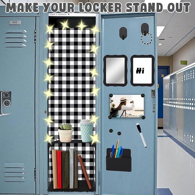 16 Pcs Locker Accessories Kit Black Locker Organizer Decorations Include Checkered Wallpaper String Light Magnetic Whiteboard Mirror Storage Cup Marker Rug Organizing Shelf for Back to School Supply