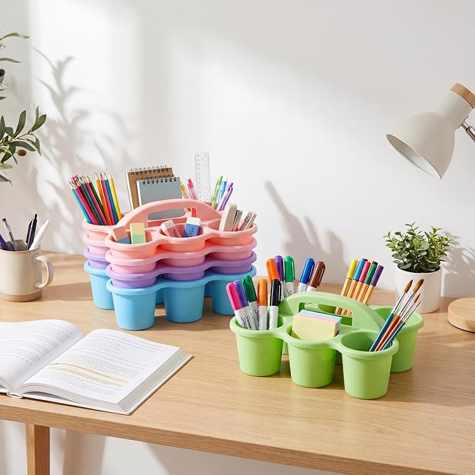 5 Pack 6 Compartment Classroom Caddy 12 x 9 x 5 Inches Macaron Classroom Caddy Organizer with Handle Plastic Table Caddys for Table Crayon Pencil Cup Marker Craft Art Office Desk