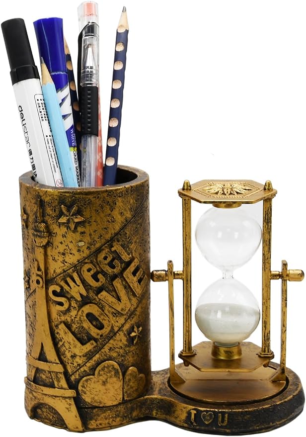 Owlgift Love-Themed Pencil Holder with Hourglass, Resin Desktop Organizer for Office & Study, Pen Holder with Sand Timer, Classic Love Addition Scissors Storage, Artistic Accessory Gift for Lovers
