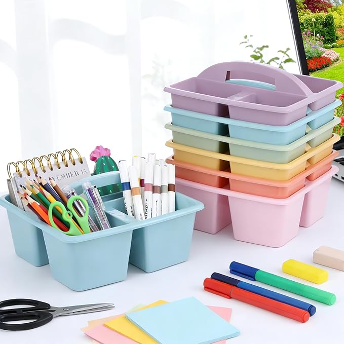 gisgfim 6 Pack Classroom Caddy with Handle Plastic Storage Caddy Organizer with 3 Compartments Desk Caddies Holder Portable Storage Bin for Pencil, Crayon, Marker, Home, Office, School Supply(Pastel)