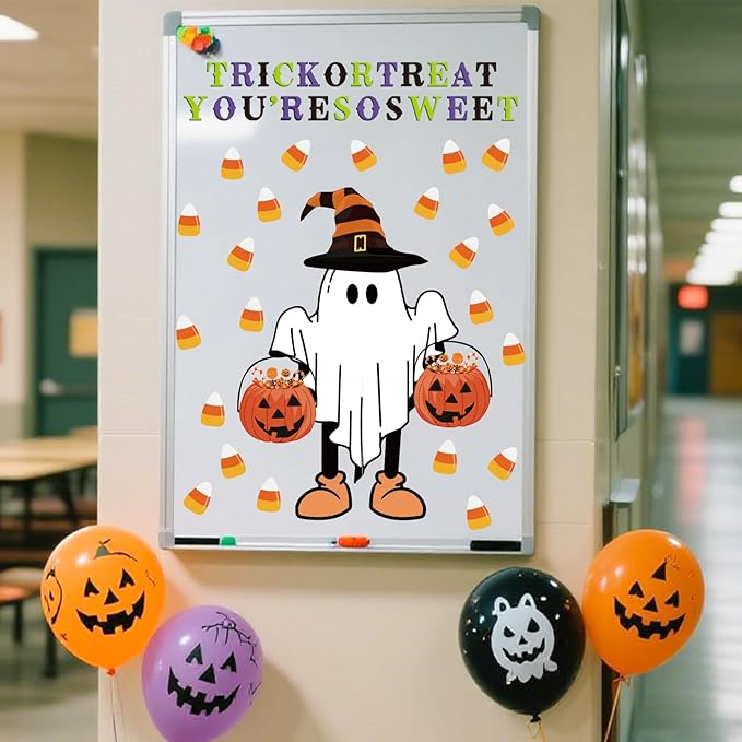 Whaline 62Pcs Halloween Bulletin Board Door Decorations Pumpkin Ghost Candy Corn Paper Cutouts with 100Pcs Glue Points for Trick or Treat Party Classroom Chalkboard Wall Decor