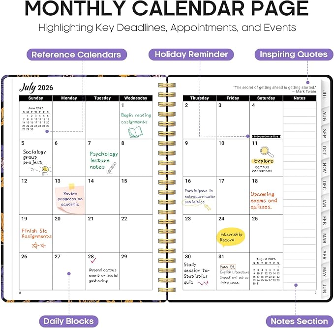 Planner 2026–2027, Weekly & Monthly Academic Organizer for School Year, Jul 2026–Jun 2027, Hardcover Planner with Tabs, Back to School Essential, 6.3" x 8.5", Nocturne Blooms