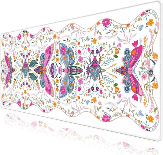 Desk Mat for Keyboard and Mouse, Large Non-Slip Mouse Pad Keyboard Pad, Computer Mats for Desktop, Cute Desk Pad with Stitched Edges for Office, Gaming I Pure White Vibrant Florals