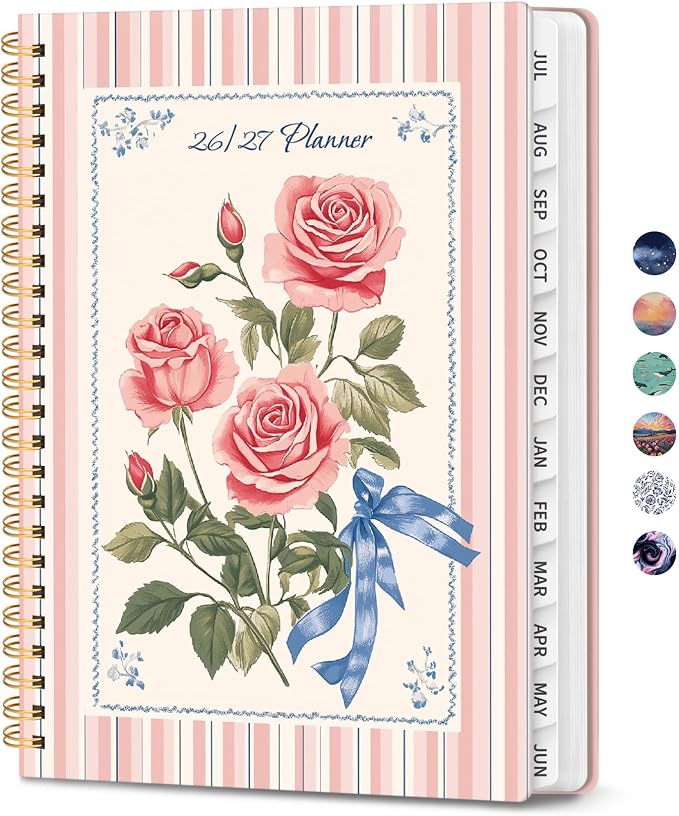 Planner 2026-2027, Monthly and Weekly Calendar Academic Planner July 2026 - June 2027, Hardcover Student Teacher Planning Agenda Book with Tabs, Perfect for Office School Supplies, A5 (6.3" x 8.5") - Rosette Bow