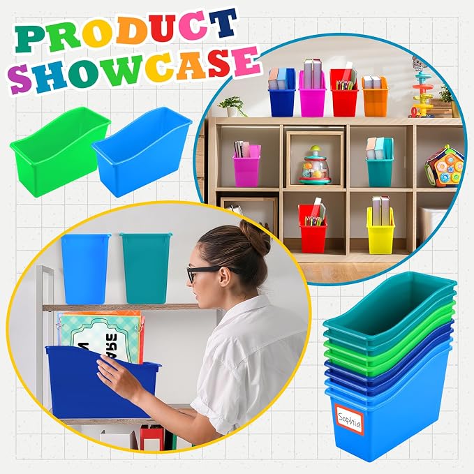 Jinei 24 Pack Fresh Riverside Color Book Bins for Classroom Bulk Binder Holders with Name Labels Plastic Organization Book Baskets Teacher Storage Boxes for Classroom Home Office