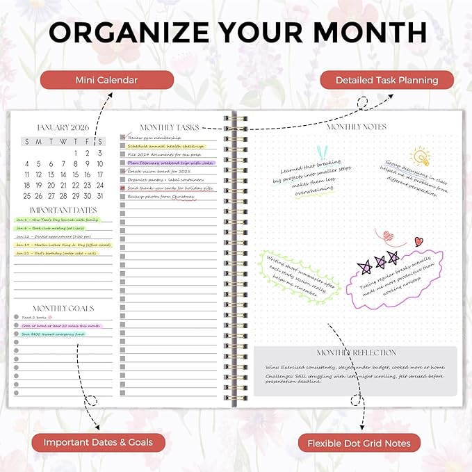 SKYDUE Monthly Planner 2026-2027, 24 Months Calendar Planner 2026-2027, 7.5" x 10" B5 Planner, Twin-wire Spiral Bound, Durable Waterproof Cover, Thick No-Bleed Paper, Floral