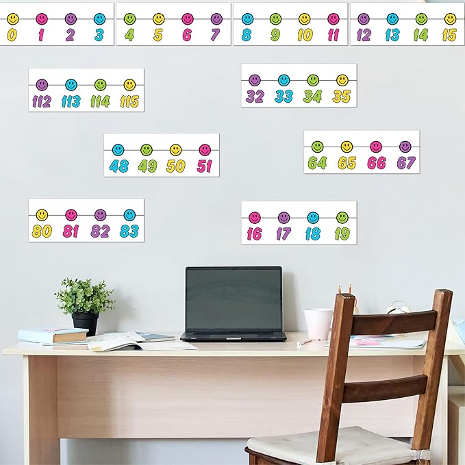 Whaline 32Pcs Retro Number Line Bulletin Board Rainbow Color Smile Face Number Line Boarder Strips Math Borders for Home Classroom Wall Decor