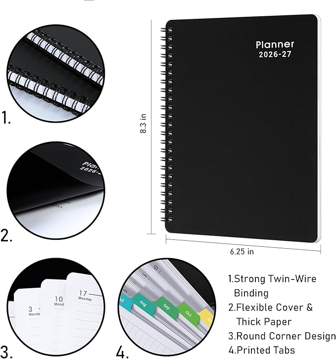 2026-2027 Planner - Weekly & Monthly Academic Planner 2026-2027, From July 2026 - June 2027, 6.25 in × 8.3 in, Flexible Cover, Twin-Wire Binding - Classic Black, Improving Your Time Management Skill