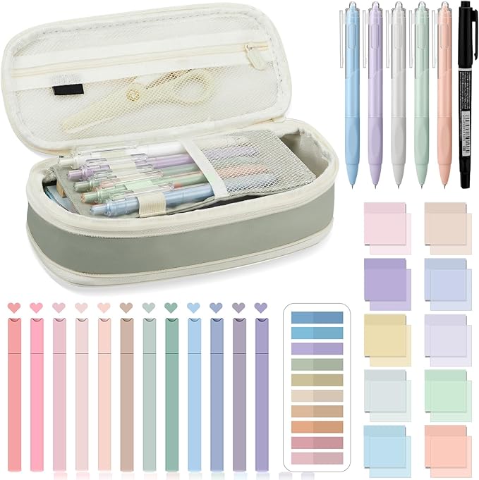 Jutom 39 Pcs Aesthetic Book Annotation Kit Highlighter with Pencil Case Bag Gel Pen Transparent Sticky Note Taking Bible Study College School Supplies (Green,Cute Style)