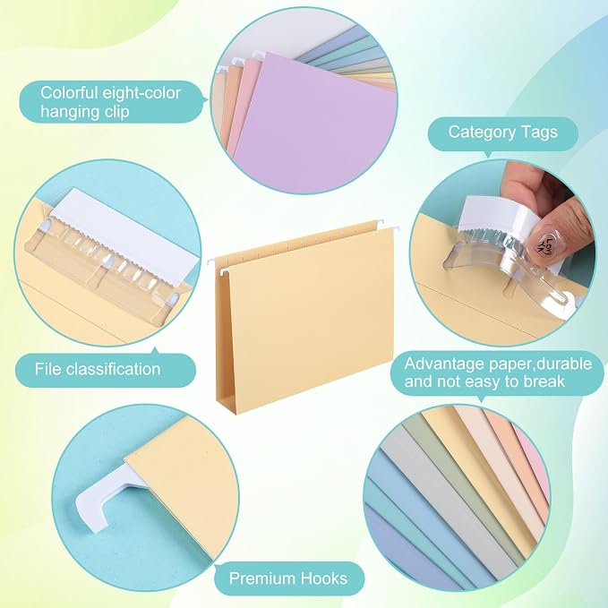 Janmini 30 Pcs Macaron Color Hanging Folders with Foil Stamping Process, Including Adjustable Tabs and Inserts, Letter Size Decorative Hanging File Cabinet Inserts Organizer for Desk Office School