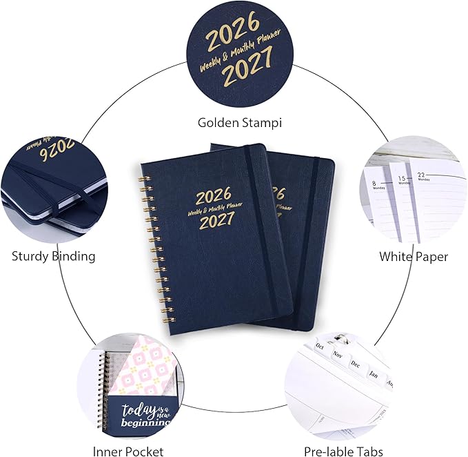 2026-2027 Planner - Weekly & Monthly Planner 2026-2027 with Twin-Wire Binding, July 2026 - June 2027, 6.3" x 8.4", Hardcover with Monthly Tabs, Back Pocket, Thick Paper - Blue