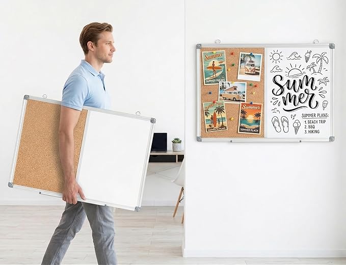 Cork Board and Whiteboard Combination, 24" x 18" Bulletin & Magnetic Dry Erase Board for Wall, Vision Board for Home, Office, School, Silver Aluminum Frame