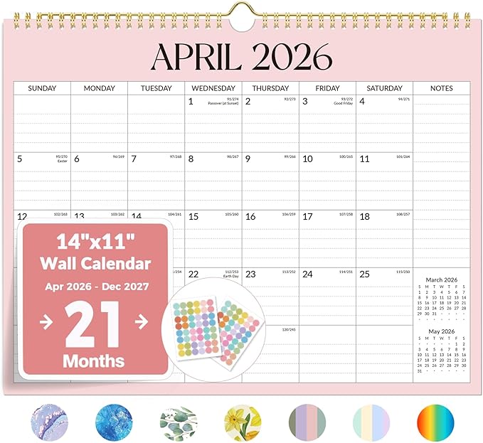 2026 Calendar, Forvencer 21-Month Wall Calendar 2026, Apr 2026 - Dec 2027, 14" x 11" Large Monthly Planner Calendars with Notes Section & Stickers, Ruled Block, Spiral Binding Hanging for Home Office