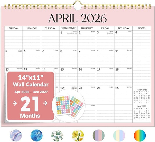 2026 Calendar, Forvencer 21-Month Wall Calendar 2026, Apr 2026 - Dec 2027, 14" x 11" Large Monthly Planner Calendars with Notes Section & Stickers, Ruled Block, Spiral Binding Hanging for Home Office