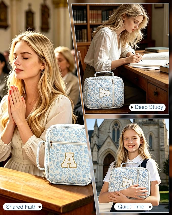 Personalized Initial Bible Cover Case for Women Girls Kid Large Bible Cover with Durable Handle Quilted Bible Carrying Case for Girls Bible Study Supplies Accessories (Blue Flower E, one Size)