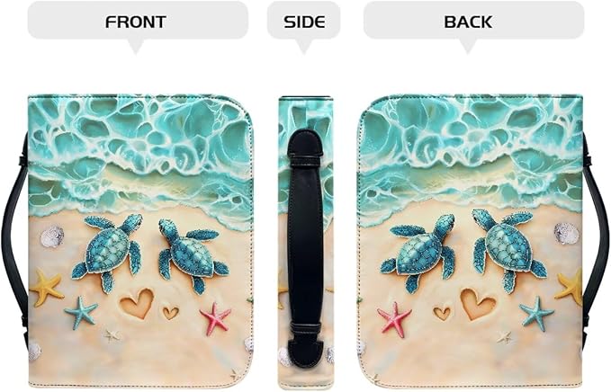 Beach Turtle Printbible Cover for Men Women Starfish Print Christian Bible Case with Handle Carrying Book Case Protector Zipper and Pockets for Bible Bag Size：L