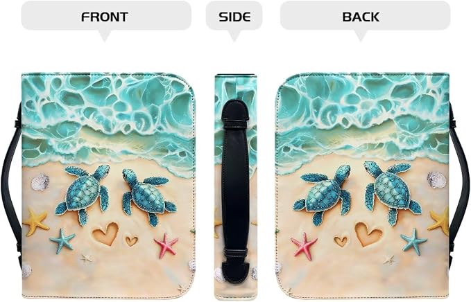 Beach Turtle Printbible Cover for Men Women Starfish Print Christian Bible Case with Handle Carrying Book Case Protector Zipper and Pockets for Bible Bag Size：XL