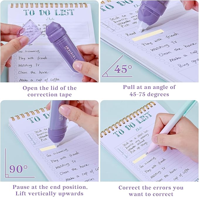 Temiary 4 Pcs White Correction Tapes, Beige Core Smooth Pull Out for Writing, Aesthetic Cream Correction Tape Gradient Set, Quick Dry Applicator for Students School Office Supplies (Purple)