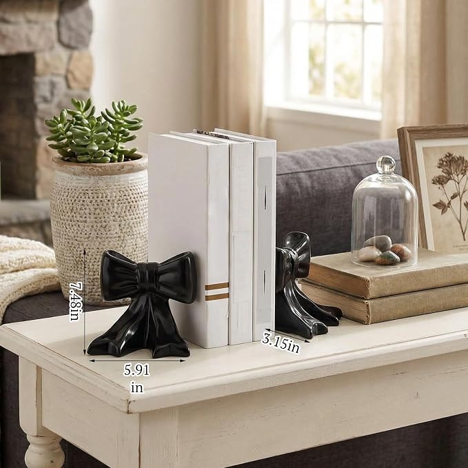 Leinuosen 2 Pcs Black Bow Bookends Ceramic Cute Book Ends Decorative Book Stand Bow Sculpture Statues Tabletop Shelf Bookstopper Room Decor for Home Office School Dorm Girl Desk