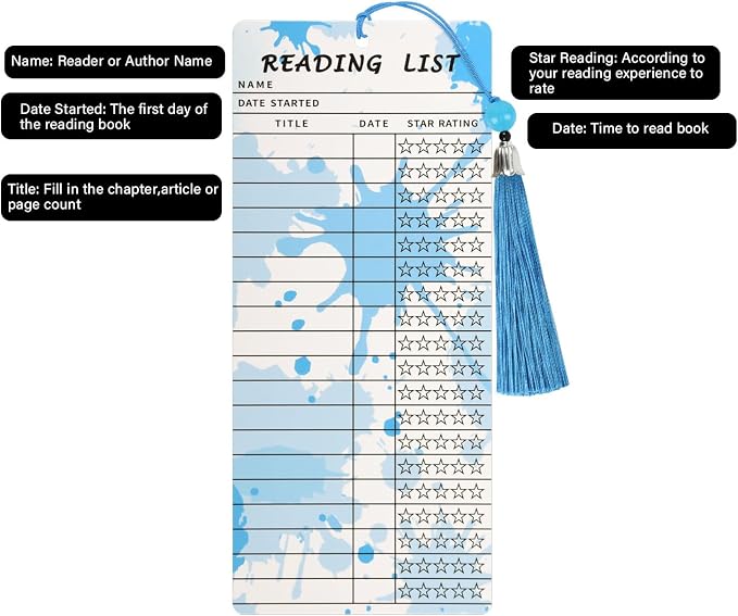 Book Lover Gifts, Vintage Bookmarks,12 PCS Reading List Bookmark with 12 PCS Blue Tassels, Book Club Ideas Hosting, Library Card, Book Club Party Deacoration Favors, Book Tracker Book Marker