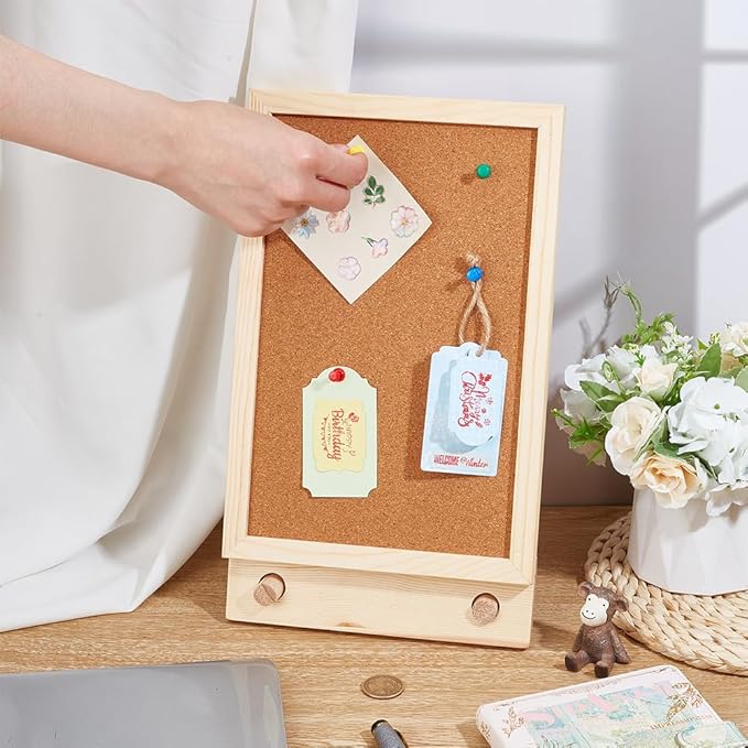 OLYCRAFT Desktop Cork Board with Hemp Rope 2Pcs Wood Sticks 2Pcs Screw Pins and 6Pcs Thumbtacks Cork Bulletin Board Message Picture Board for Home Office Decor DIY Crafts-13.5x7.9x1.2 Inch