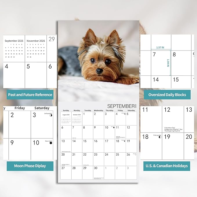 2026 Wall Calendar,Yorkshire Terrier Wall Calendar, 12" x 24" Open,Family Planner Calendar Organizer with Yorkshire Images, for Dogs Lovers