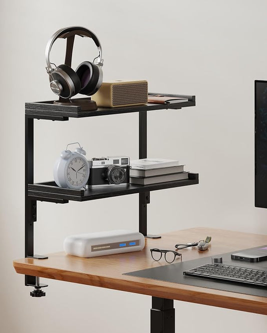 Clamp On Desk Shelf 2-Tier, 16.5 in Wood Shelving Unit for Office Desk/Gaming Accessories, Tabletop Book Storage Rack, Shelf for Top of Desk, Black