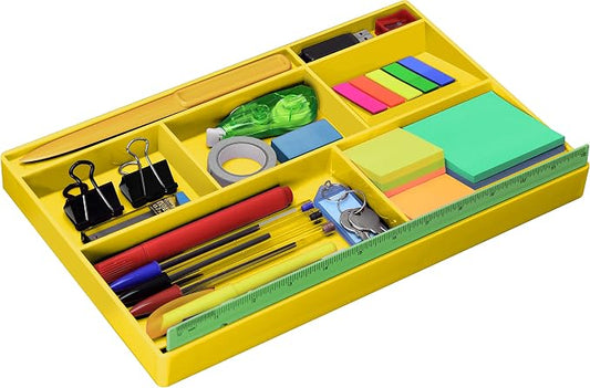Acrimet Desk Drawer Organizer Tray with 8 Compartments – Multi-Purpose Bin for Office Supplies, Makeup, and Accessories – Fits inside Drawers or Desktops, 12.75" x 8" x 1.06" (Plastic) (Yellow Color)