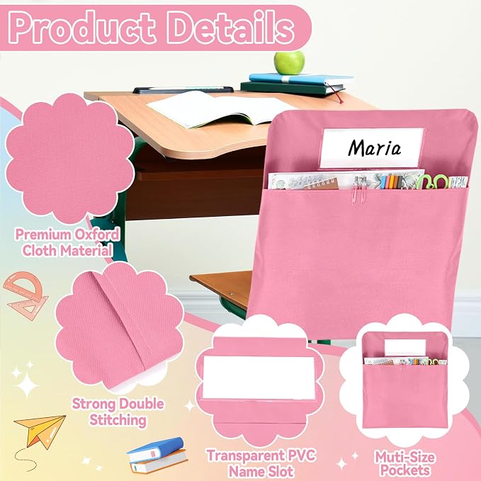 gisgfim 12 Pcs Chair Pockets for Classroom 17 x 20 Inch s with Name Tag for Classroom Chairback Pouch Bag Organizer for Student Elementary School Daycare Supply (Pastel Pink)