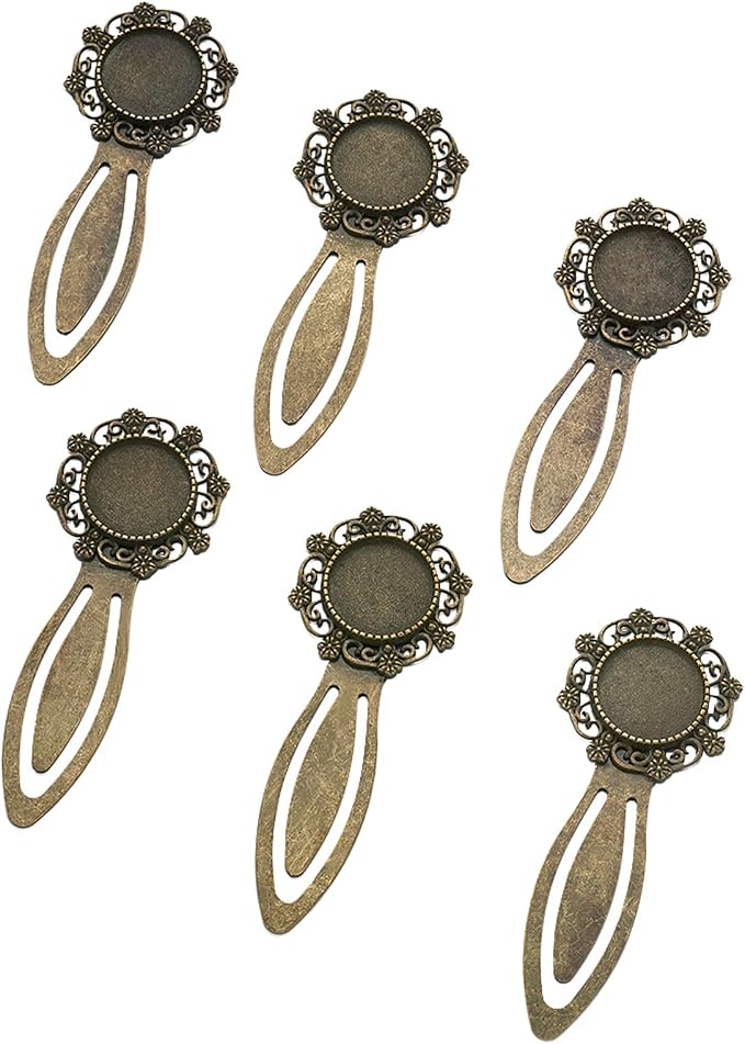 FASHEWELRY 10Pcs Antique Bronze Bookmark Pendant Blank Tray 18mm Flower Round Bezel Base Cabochon Setting Charms