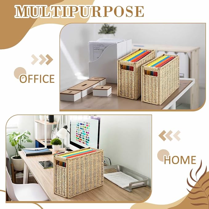 Teenyyou 2 Pack Hanging File Box 14.5 x 6 x 10.8 Inch Paper Rope Decorative Filing Basket Woven Document Organizer Folder Box with Handle Collapsible Letter Size Filing for Office Home Storage Decor
