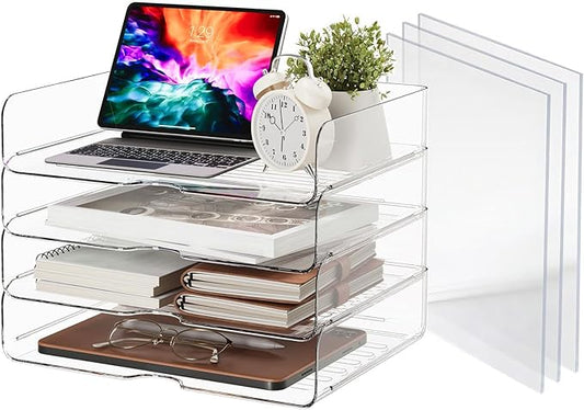 DCA 4 Tier Clear Desk Organizer with 3 Multi-Use Panels, Stackable Paper Letter Tray, Modular File Organizer for Office Home School, Transparent Desktop Storage System
