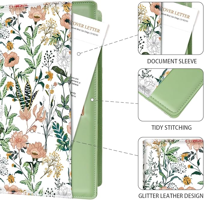 Padfolio/Resume Portfolio Folder for Women Men, WAVEYU Cute Chic Padfolio Cover Folder, Conference/Legal Document Organizer with Letter/A4 Size Clipboard, Document Sleeve, White Flower