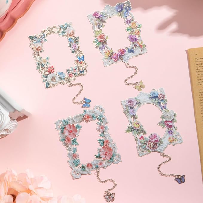 4 Pieces Metal Bookmarks for Women, Large Size Cute Hollow Bookmark Garland Flower Window Butterfly Unique Book Mark for Reading, Artistic Gift for Book Lovers Writers Readers Children Teens Men